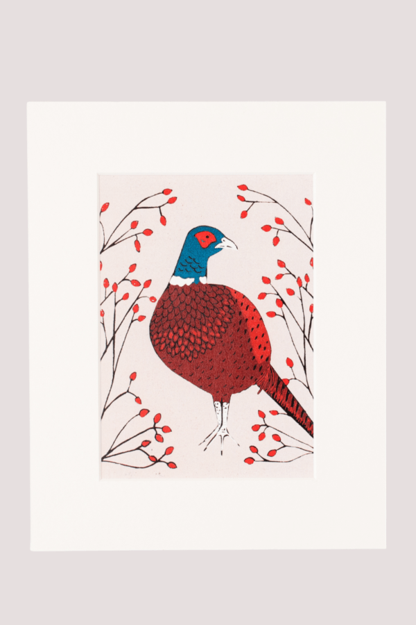 Pheasant and Rosehips lino print